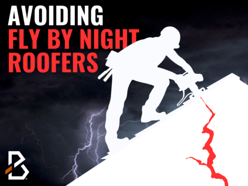 Lightning storm background with bold text 'Avoid Fly by Night Roofers' and vector graphic of a man stapling shingles with a red crack
