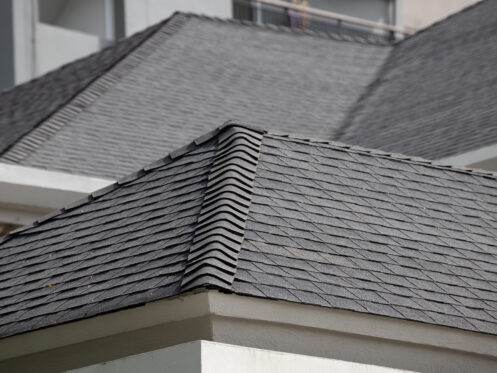 A house featuring a sleek, dark-colored metal roof with precise, overlapping panels