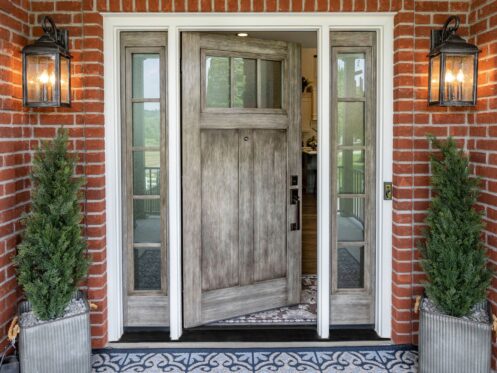 Rustic front door with side windows and brick exterior, flanked by decorative plants